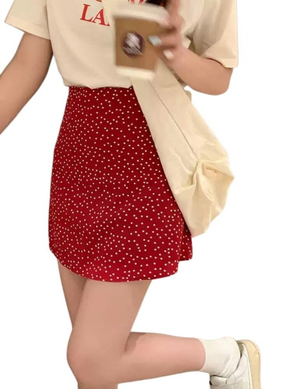 Red White Polka Dot Mini Skort High Waist 100% Cotton Size S